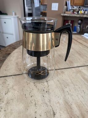 Corningware Glass Coffee Carafe with Gold Band and Black Handle
